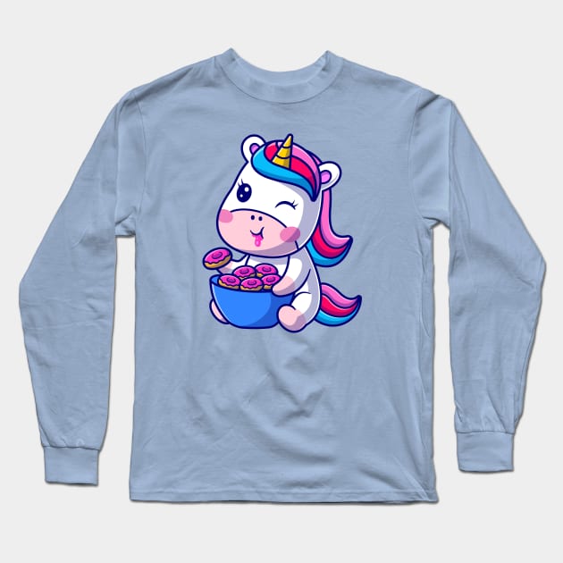 Cute Baby Unicorn Eating Donut Cartoon Long Sleeve T-Shirt by Catalyst Labs